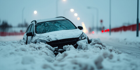 Car stuck in deep snow during winter storm. Auto insurance advertising
