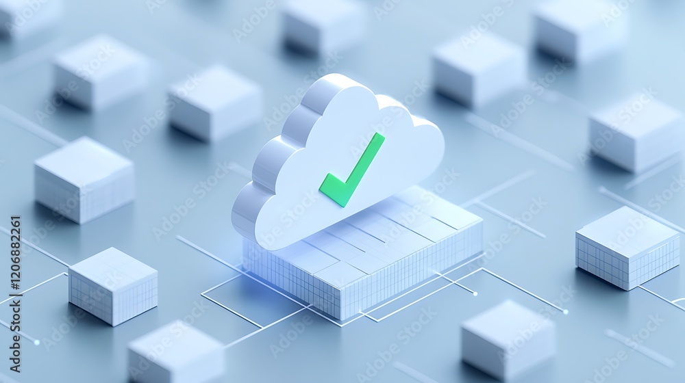 Poster digital cloud storage concept with checkmark symbolizing data security and accessibility in modern t