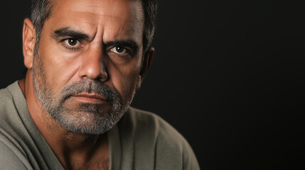 Fototapeta premium Man with gray beard in olive shirt on black background. Portrait and character content