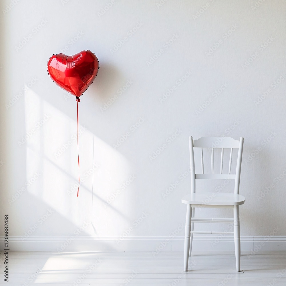 Poster a minimalist setup with a heart-shaped balloon tied to a chair in an empty room with soft natural li