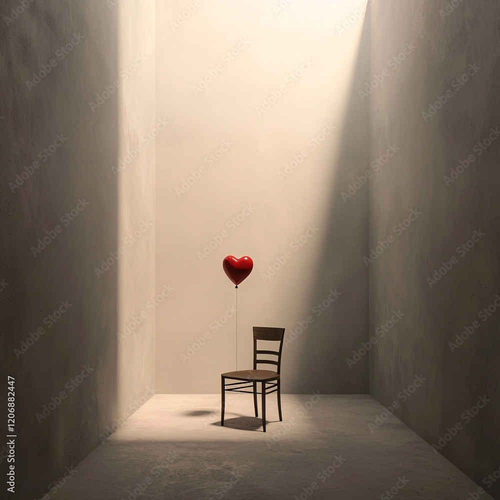 Poster a minimalist setup with a heart-shaped balloon tied to a chair in an empty room with soft natural li