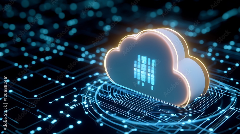Poster digital cloud storage concept with circuit patterns and light effects in a futuristic design