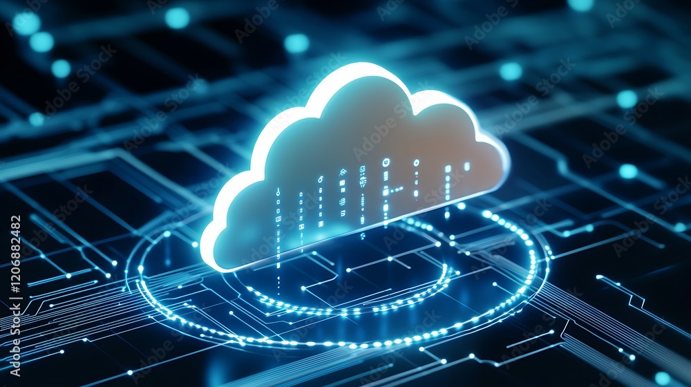 Poster digital cloud storage concept with circuitry background for technology and data transfer illustratio