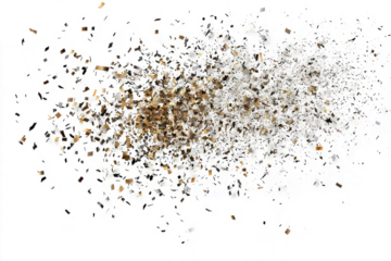 A minimalistic confetti burst featuring gold and silver particles, spread sparsely across the white backdrop.