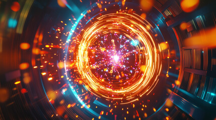 A high-energy quantum experiment with particle collisions, featuring glowing trails of particles flying outward in a circular detector chamber, capturing the dynamic energy of the experiment.