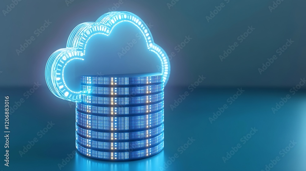 Poster digital cloud storage concept with neon blue data elements representing modern technology and securi