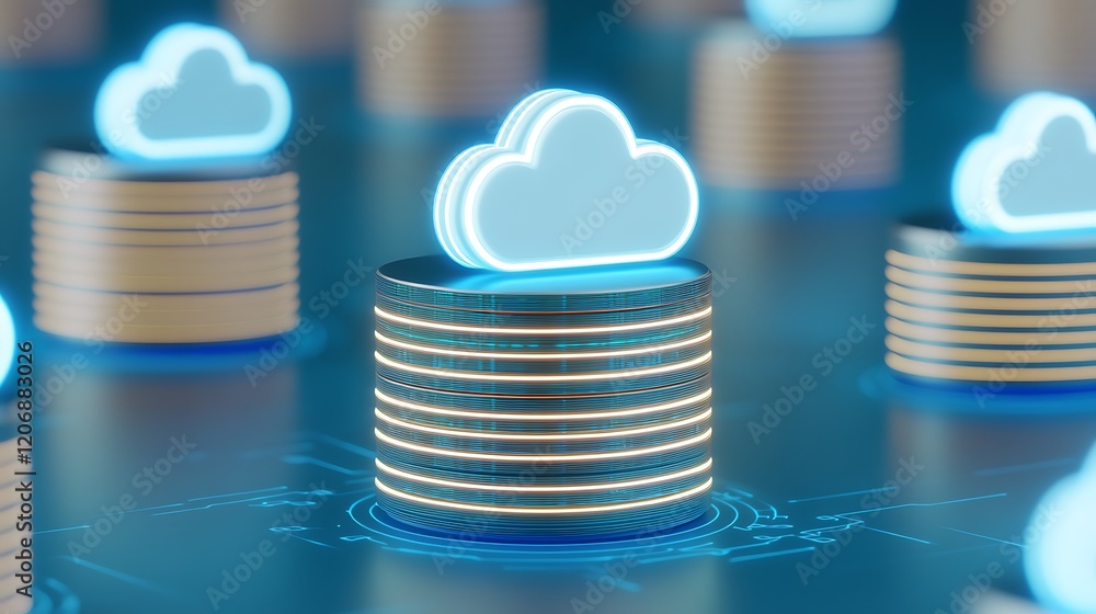 Poster digital cloud storage concept with neon effect and data visualization in a futuristic style