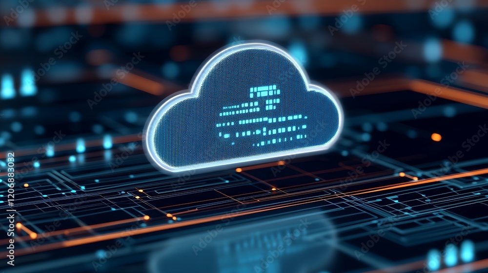 Poster digital cloud storage concept with neon circuitry patterns and blue glowing lines on a futuristic ba