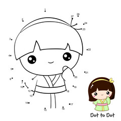 Connect The Dots and Draw cute girl. Dot to dot puzzle with cartoon little girl in kimono. Educational Game for Kids. Drawing for Preschool children. Vector Illustration EPS8