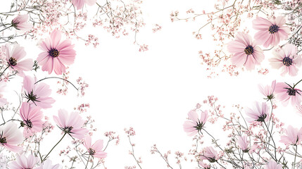 Obraz premium A beautiful cosmos arrangement, a decorative flower border, and blossoms on a white backdrop