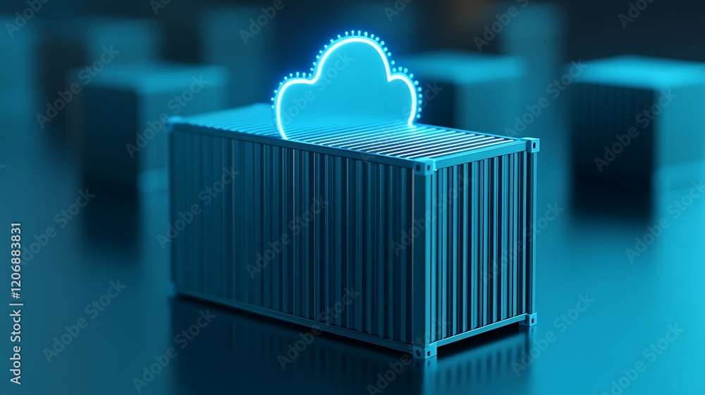 Poster digital cloud symbol over container illustrating modern data storage and cloud technology concept