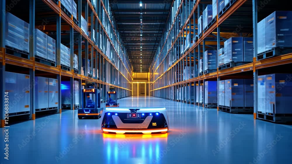 Poster robotic technology enhances efficiency in a modern warehouse environment, classical view of a techno