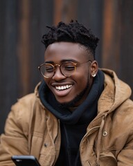 Obraz premium Happy Young Man with Dreadlocks Smiles Using Smartphone Outdoors