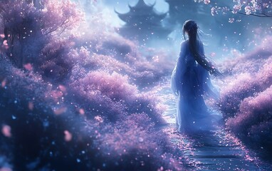 Obraz premium Woman in Flowing Dress, Pink Blossom Garden Path