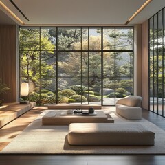 Fototapeta premium Serene Modern Living Room With Expansive Garden View