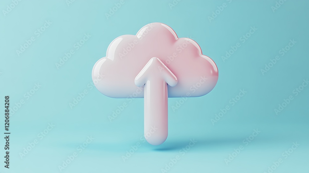 Poster digital cloud symbol with upward arrow on a soft blue background for technology or data storage conc