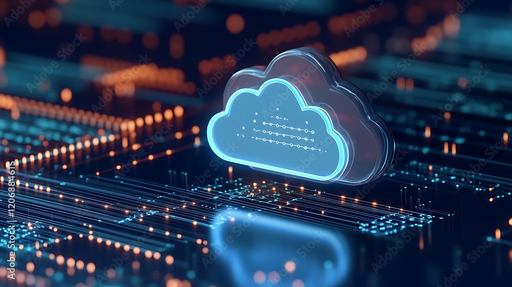 Poster digital cloud technology concept with circuit board background and glowing data flow in a modern env