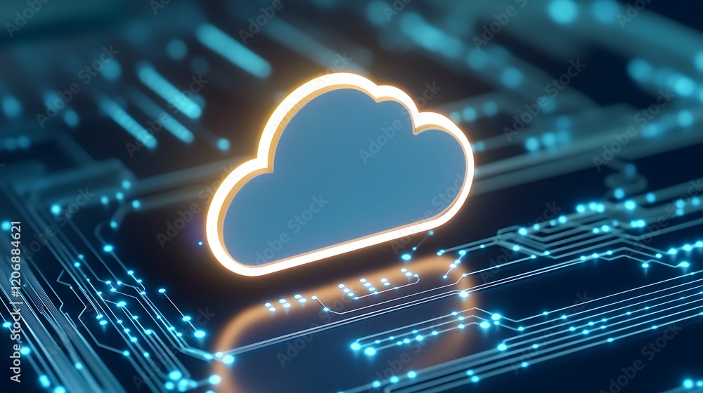 Poster digital cloud technology concept with circuit board background and neon glow effect for modern commu