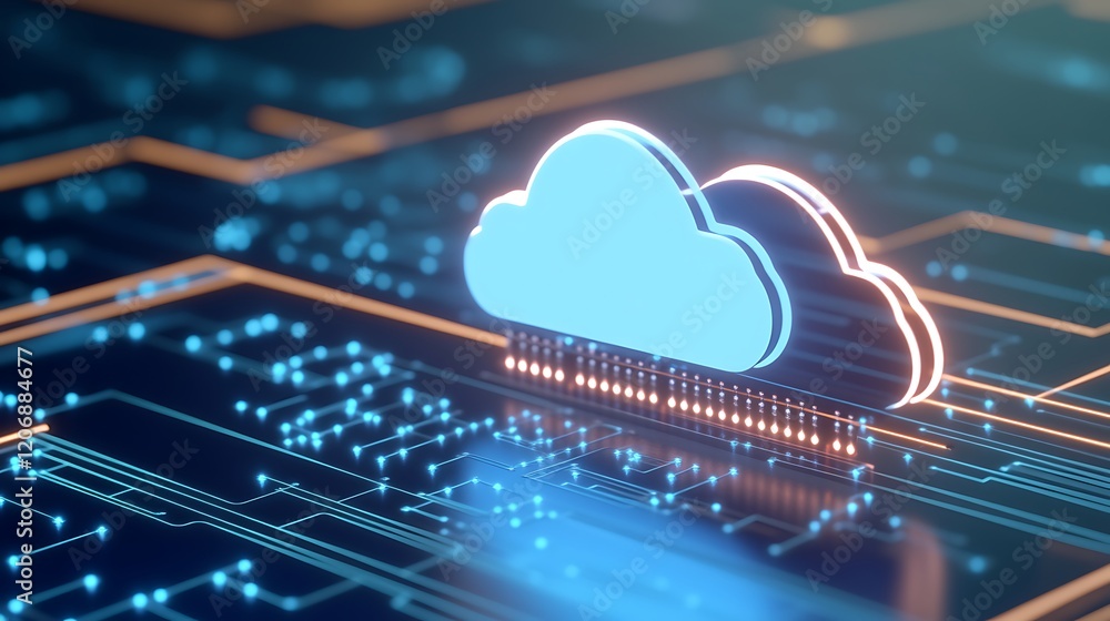 Poster digital cloud technology concept with circuitry background and bright blue clouds symbolizing data s