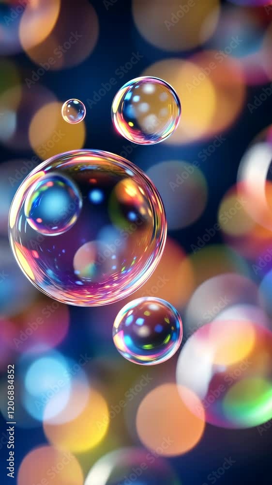 Poster colorful bubbles float against a blurred backdrop of vibrant lights in an artistic display