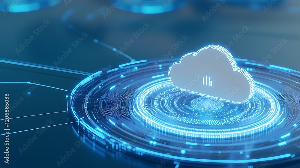 Poster digital cloud technology concept with data visualization and network connection in blue cyber enviro