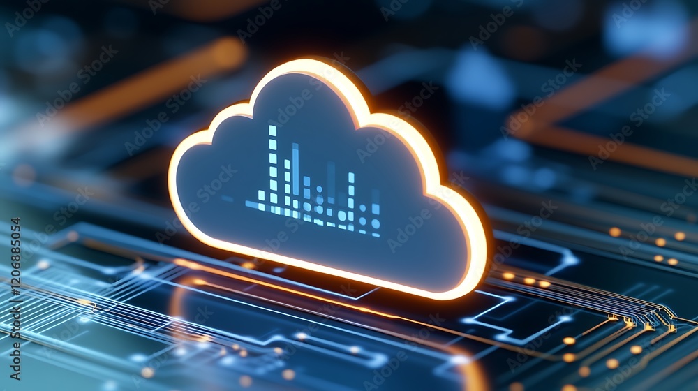 Poster digital cloud technology concept with data visualization and circuit board elements for modern conne