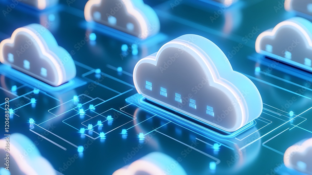 Poster digital cloud technology concept with glowing clouds and circuit patterns on a futuristic background