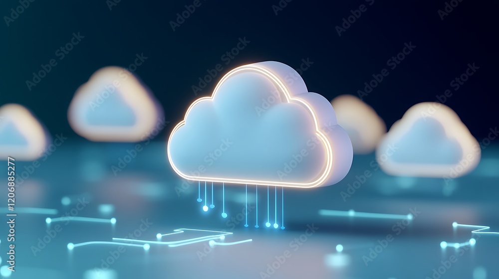 Poster digital cloud technology concept with glowing clouds and data connections in modern background
