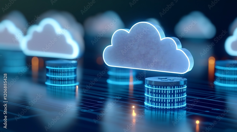 Poster digital cloud technology concept with neon clouds and data storage symbols reflecting modern data ma