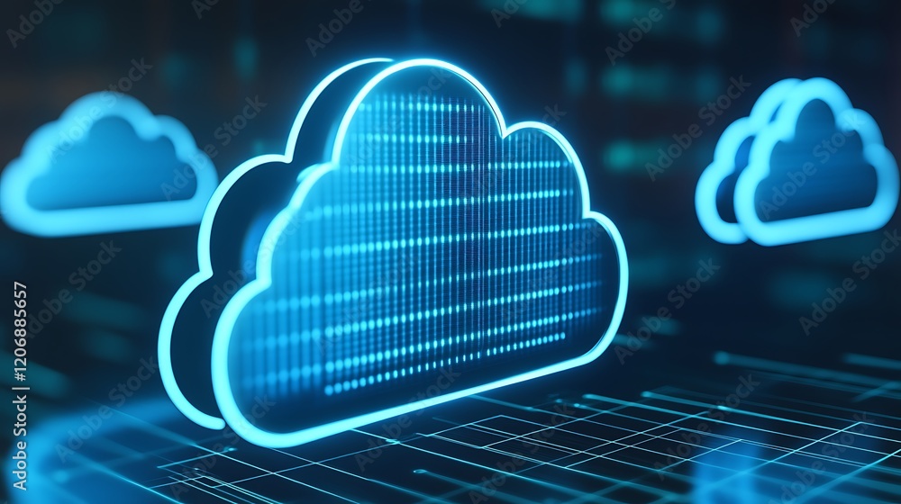 Poster digital cloud technology concept with stylized neon clouds on futuristic background for data storage