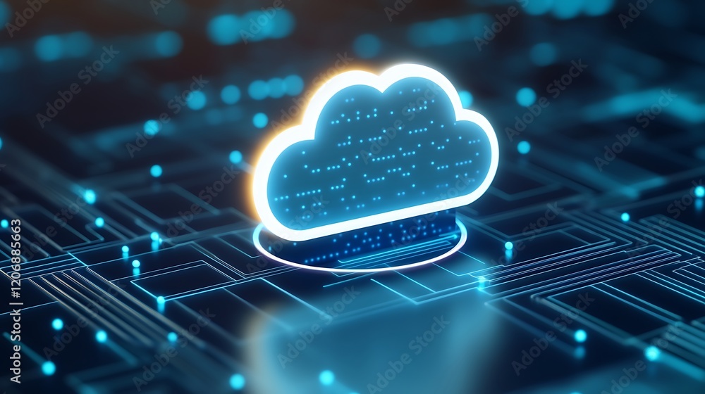 Poster digital cloud technology icon on futuristic circuit board background with blue data points and glow 