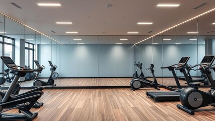 Fototapeta premium Modern home gym with sleek equipment, high-end exercise machines, a mirrored wall, and plenty of open space for various workouts, modern, workout