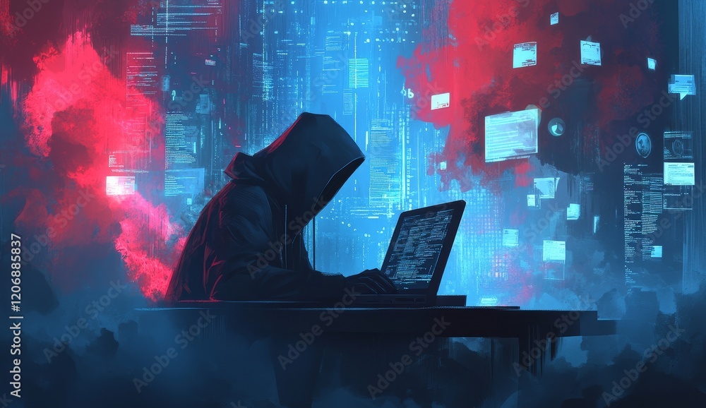Poster Hooded figure hacking laptop, digital data streams.