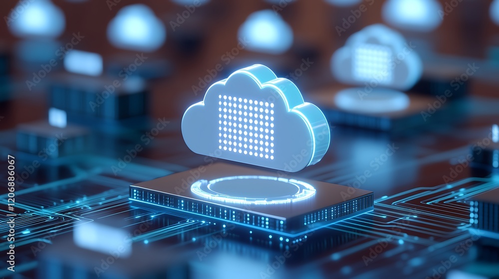 Poster digital cloud technology with circuit board background illustrating modern data storage solutions