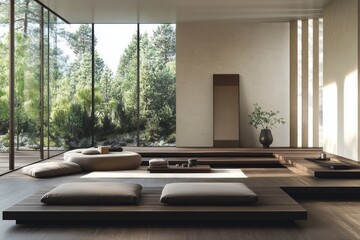 Serene Minimalist Zen Room Design Featuring Forest Views