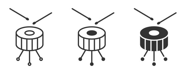 Drum icon with sticks, shown in outline and solid styles.