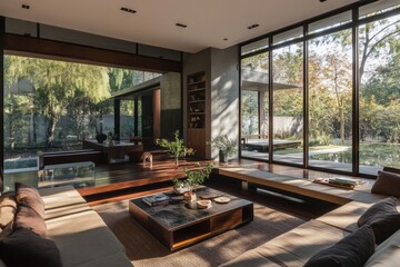 Fototapeta premium Modern minimalist living room with garden view