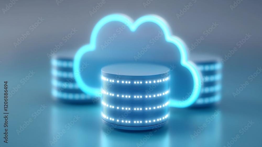 Poster digital cloud technology with glowing data storage and modern data center concept in blue tones