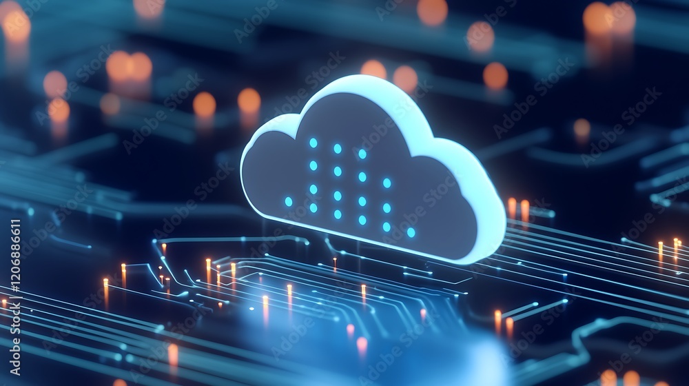 Poster digital cloud with data flowing through circuit board in a futuristic technology concept