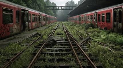 Abandoned train station overgrown with vegetation, featuring rusty red train cars and forgotten tracks, evoking a sense of nostalgia and decay.