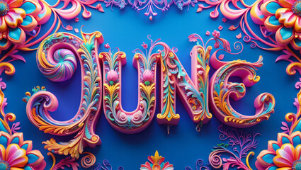 Whimsical June lettering art with vibrant colors and intricate floral designs on blue background