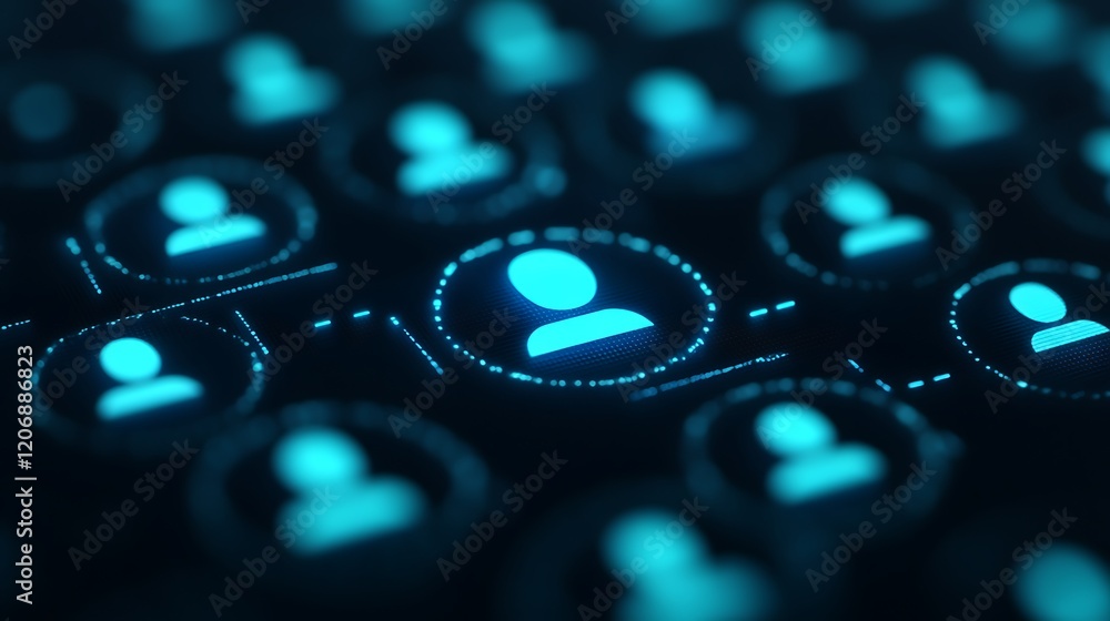 Poster digital connections and networking concept with profiles on dark background in neon blue style