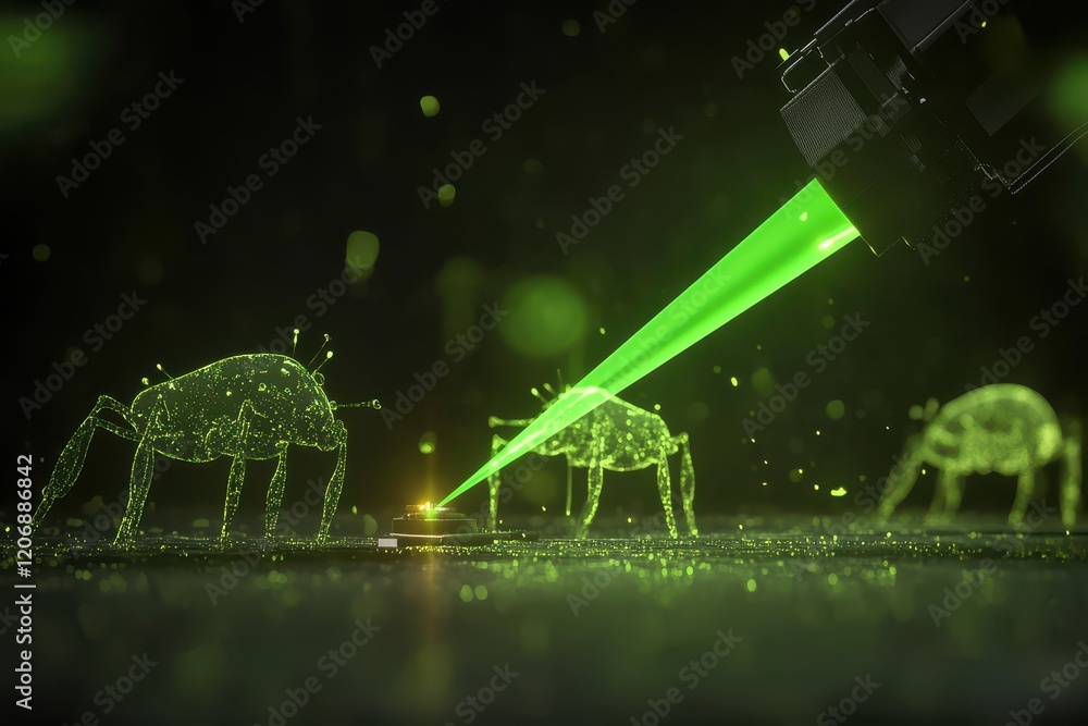 Poster futuristic concept of insect-like creatures interacting with a laser beam in a nighttime environment