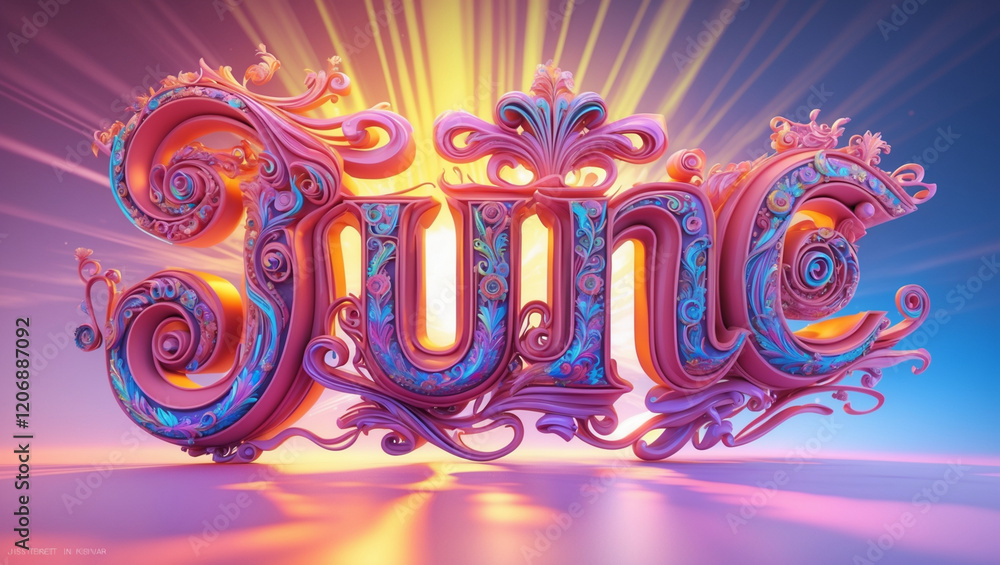 Poster ornate 3d text rendering of june with intricate details and a warm radiant glow