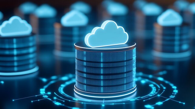 Digital Data Storage Concept with Cloud Symbol on Server Tower Against Futuristic Background