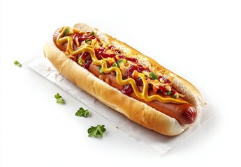 Delicious hot dog with ketchup, mustard, and cheese in a soft bun.