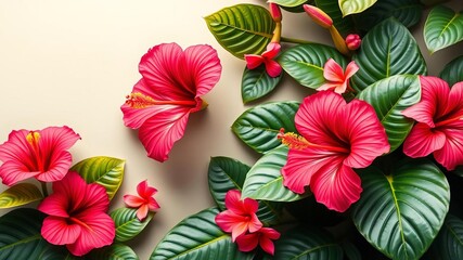 Fototapeta premium A vibrant Hawaiian style invitation and copy space template featuring various hibiscus flowers and monstera leaves, blank, Hawaii