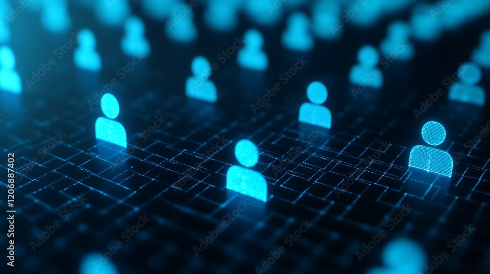 Poster digital representation of connected individuals within a virtual network showcasing technology and s
