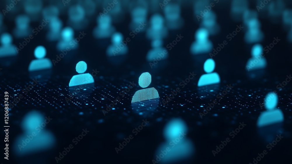 Poster digital representation of diverse human figures against a backdrop of glowing data points in a virtu