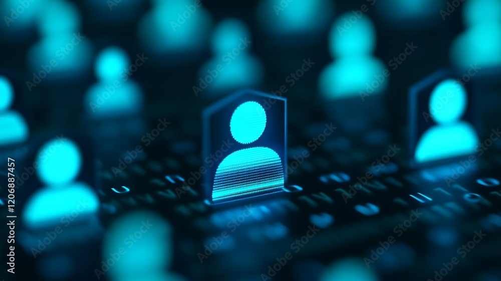 Aufkleber digital representation of user profiles in a futuristic virtual environment with blue neon lights an